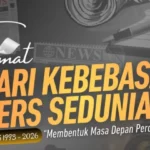 Poster ucapan selamat Hari Kebebasan Pers Sedunia 2026 yang bertemakan “Membentuk Masa Depan Perdamaian”
