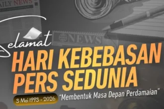 Poster ucapan selamat Hari Kebebasan Pers Sedunia 2026 yang bertemakan “Membentuk Masa Depan Perdamaian”