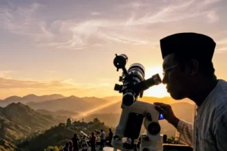 Seseorang sedang melakukan pemantaun hilal (bulan)