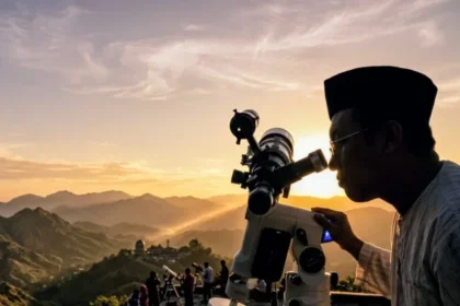 Seseorang sedang melakukan pemantaun hilal (bulan)
