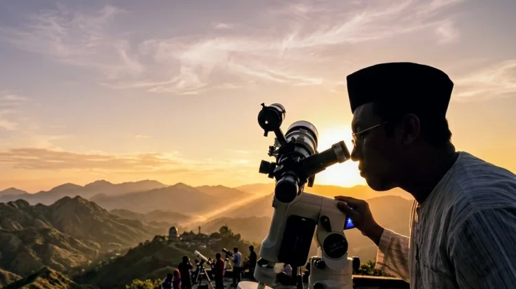 Seseorang sedang melakukan pemantaun hilal (bulan)